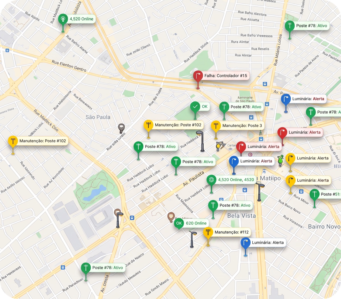 Mapa operacional DirectLuz com postes, luminárias e alertas em tempo real
